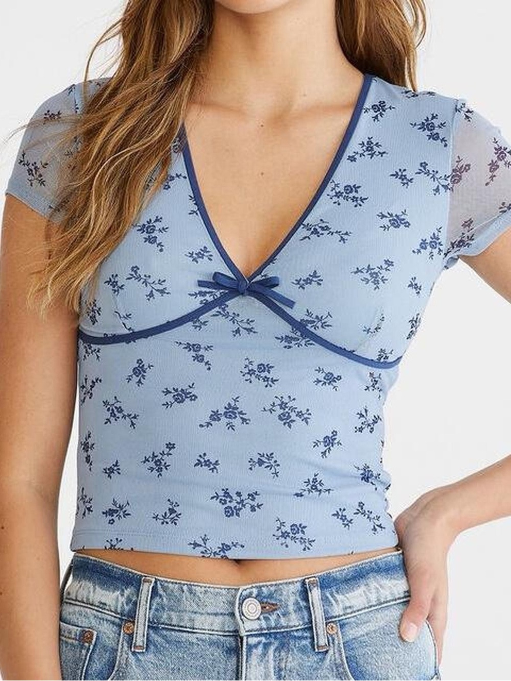 Aeropostale Blue Floral Mesh Sleeve V-Neck Crop Top L